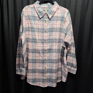 Woman Within Pink Grey Plaid Cotton Button Down Shirt Plus Size Large 18/20
